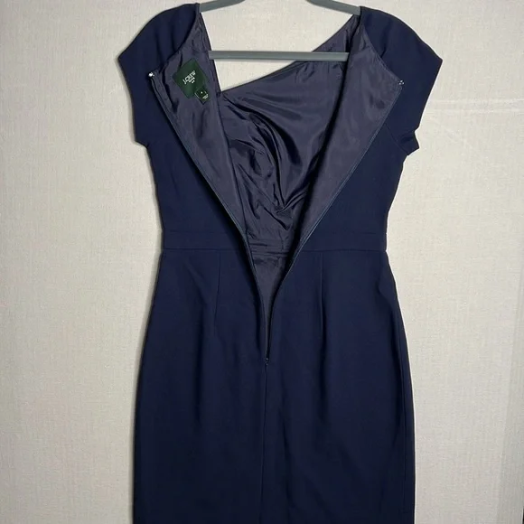 J.Crew Asymmetrical Neck Line Wool Cap Sleeves Dress Size 4 Navy Blue - Picture 7 of 8